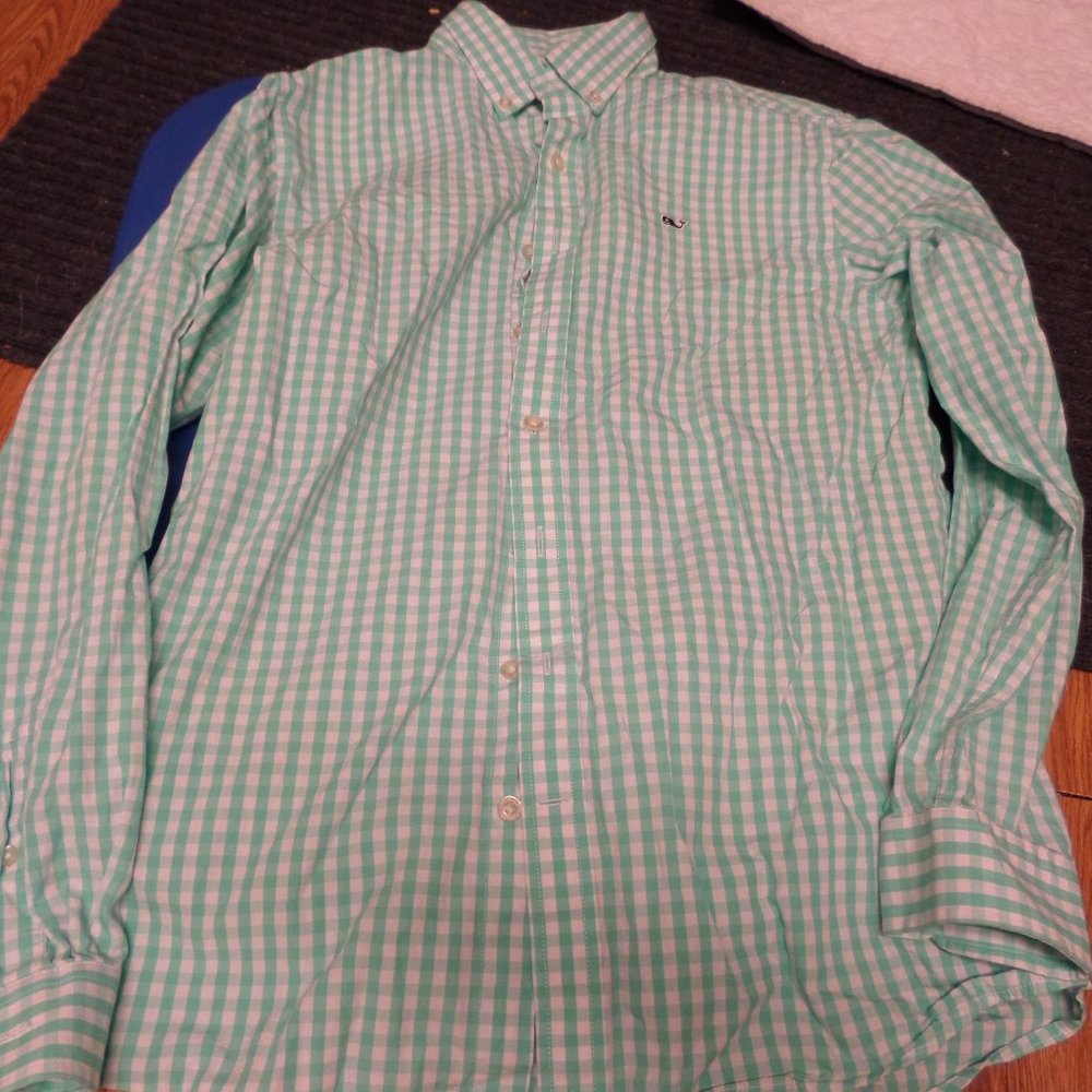 EUC boy's long sleeve button up whale vineyard vines shirt-size 18-green-white